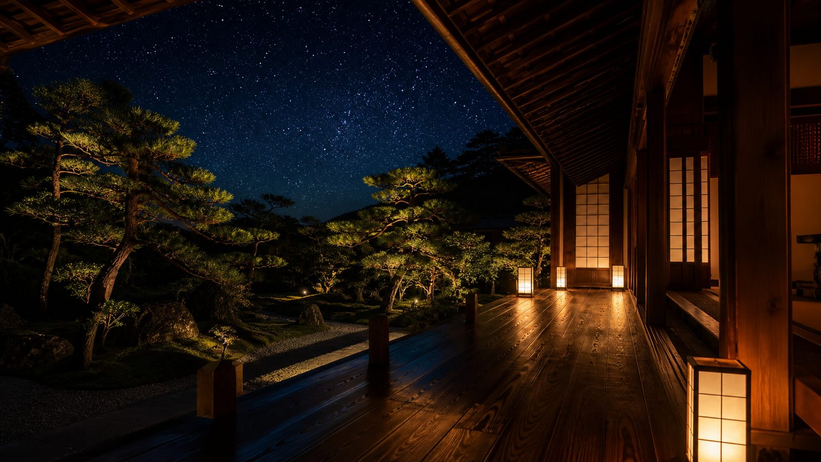 行灯の灯る夜の縁側と、星空を映す庭の松