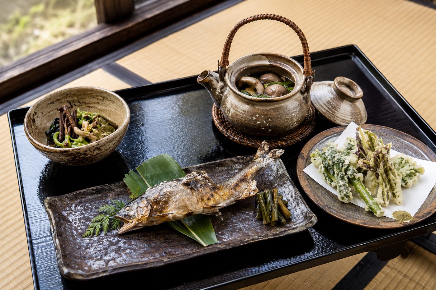 黒い折敷に並んだ山菜の小鉢、きのこの土瓶蒸し、岩魚の塩焼き、山菜の天ぷら